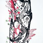 „Vogelbaum 1a“ (Holzschnitt, Karton, rote Tusche)